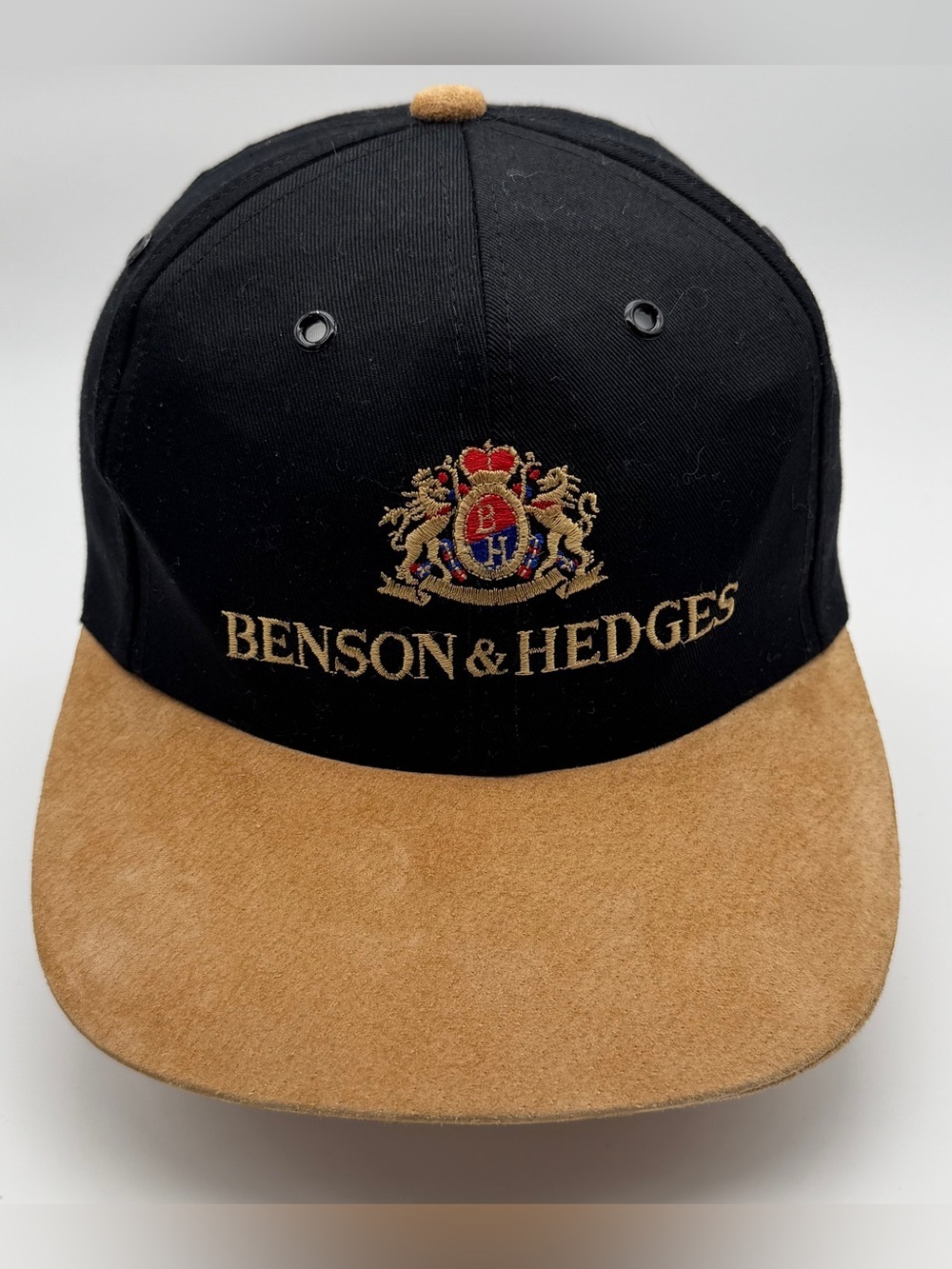 Vintage Benson & Hedges Tobacco Pigskin Leather Snapback Hat Cap Black Beige
